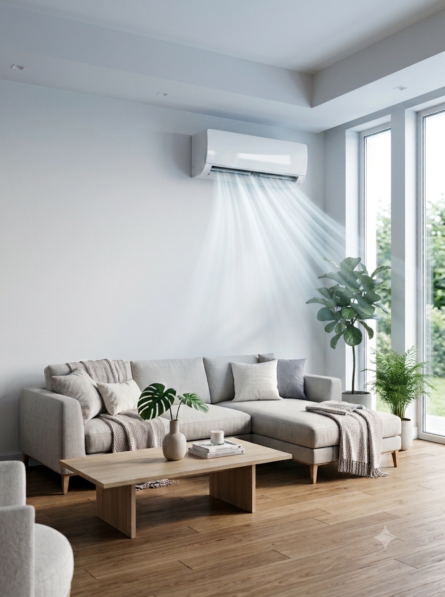 Wandmontiertes Innengerät einer Split-Klimaanlage in einem hellen Wohnzimmer